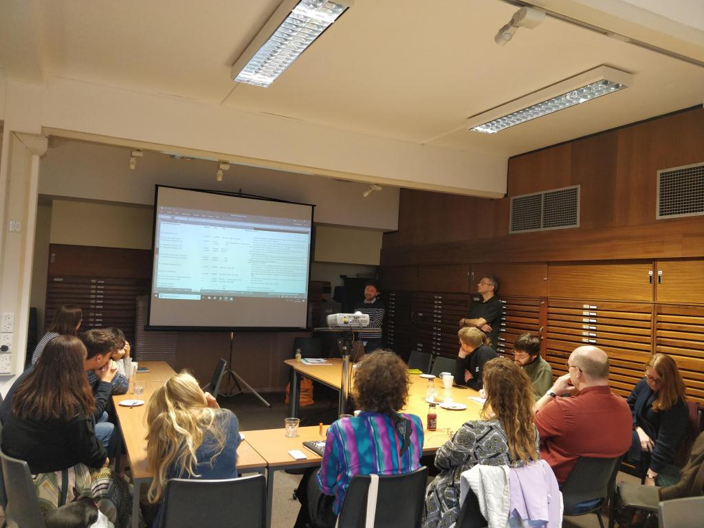 Workshops - Prof David Matless and Philip Jagessar (University of Nottingham) discussing the digitalisation of the School of Geography's Map archives 